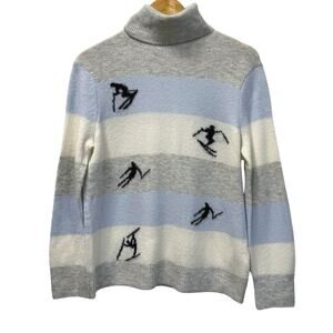 Ce Ce woman's sweater striped in blue white and grey with ski patterns size M